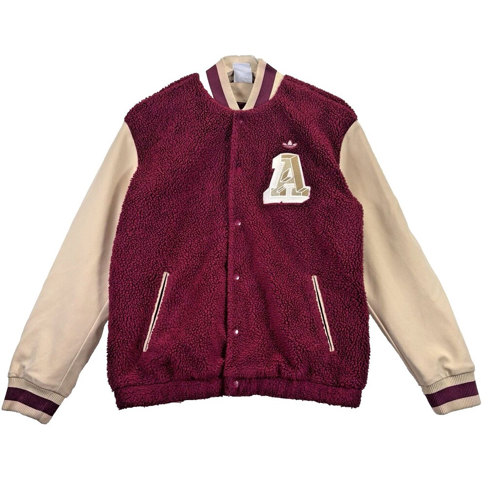Adidas Varsity Jacket Burgundy Cream Men’s Small Snap Front Vintage Style